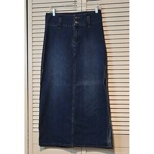 Y2K Squeeze Stephen Hardy Maxi Denim Skirt Size 1/2 Side Slits Pockets 30x34